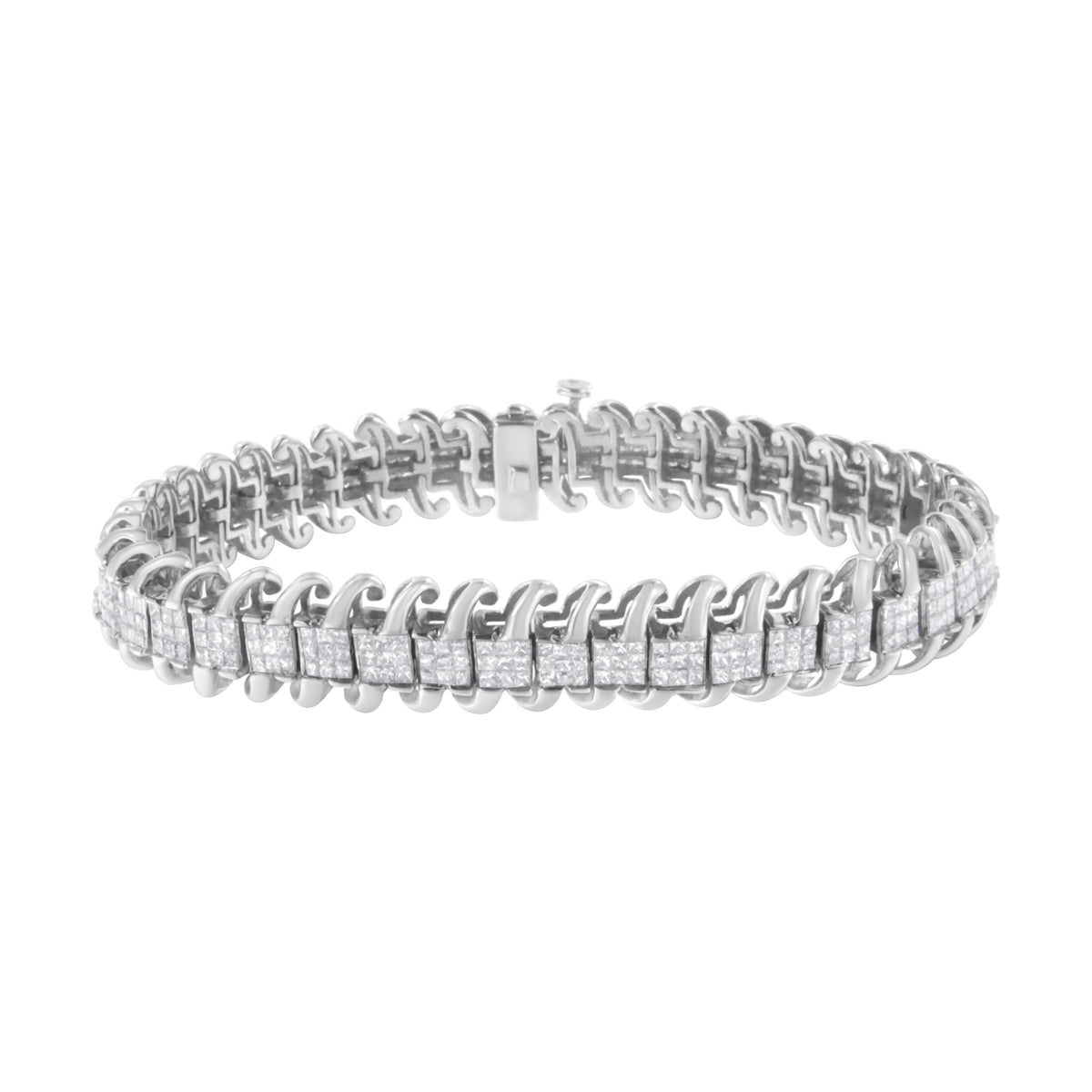 Pulsera de tenis de oro blanco de 14 quilates con diamantes de talla princesa de 5,0 quilates engastados invisibles en forma de S ondulada de 7" (color G-H, claridad SI1-SI2)