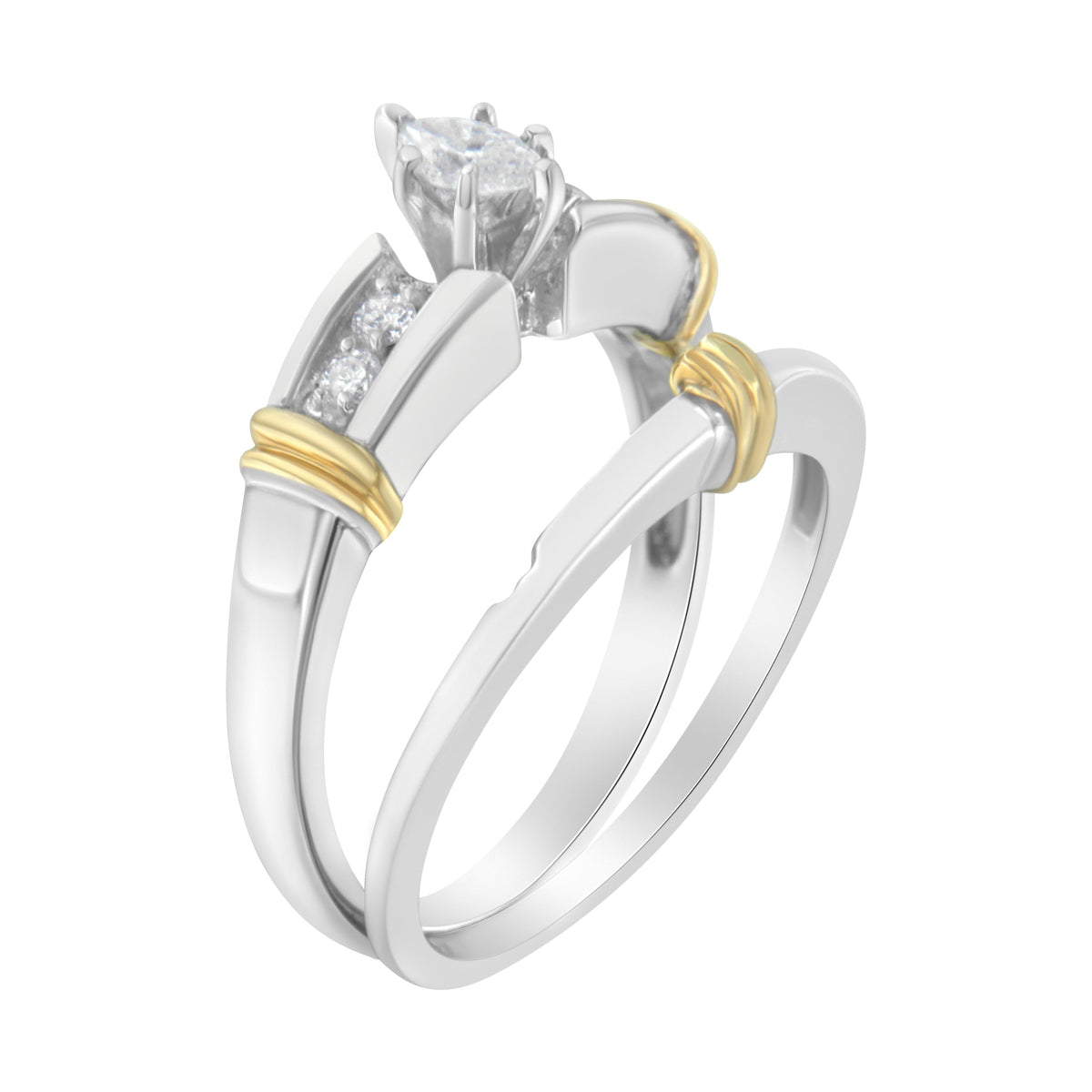 Anillo de compromiso y cóctel con diamantes marquesa de 1/3 Cttw de oro amarillo y blanco de 14K (color H-I, claridad SI1-SI2) - Talla 7