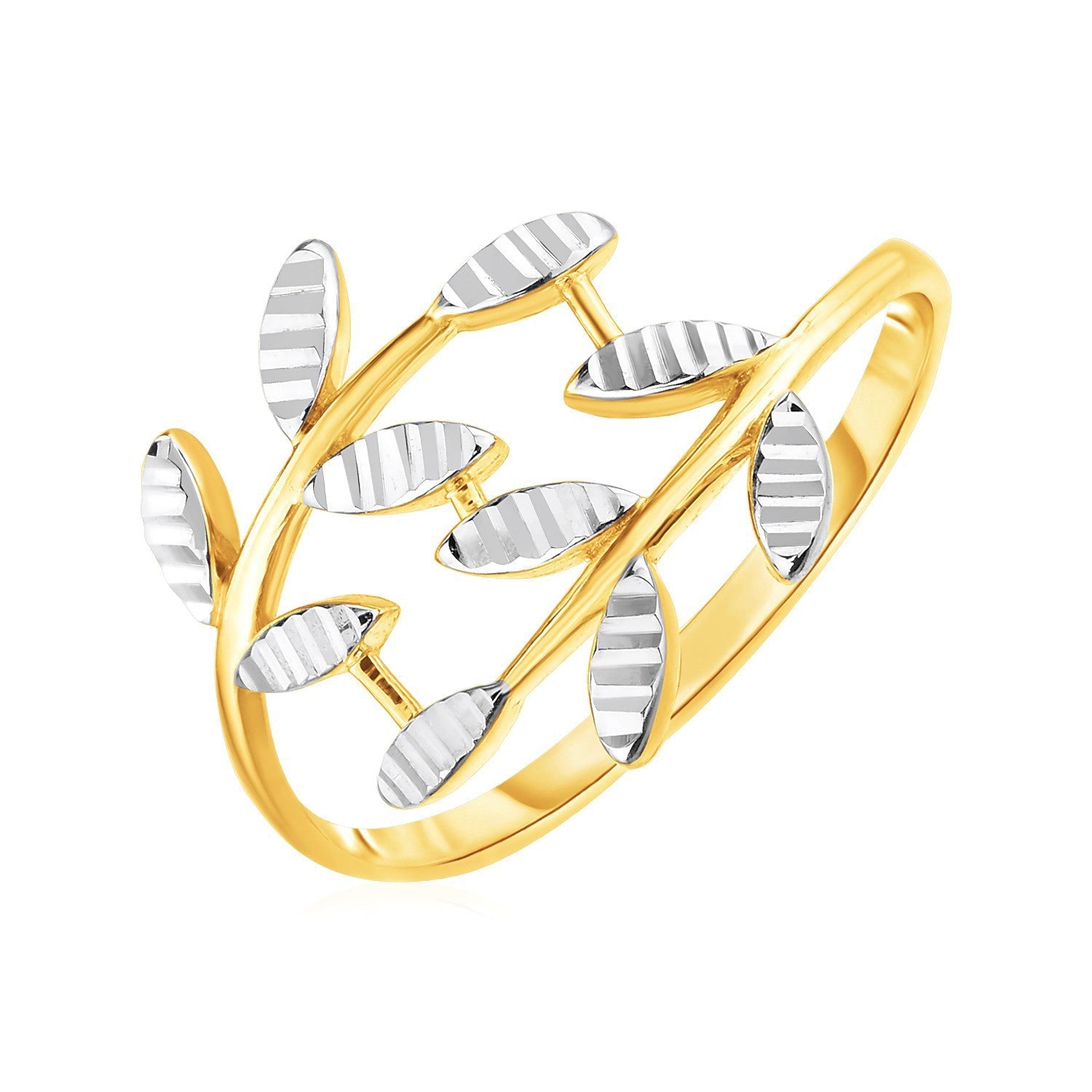 Anillo Crossover de Oro Bicolor de 14k con Hojas Texturizadas
