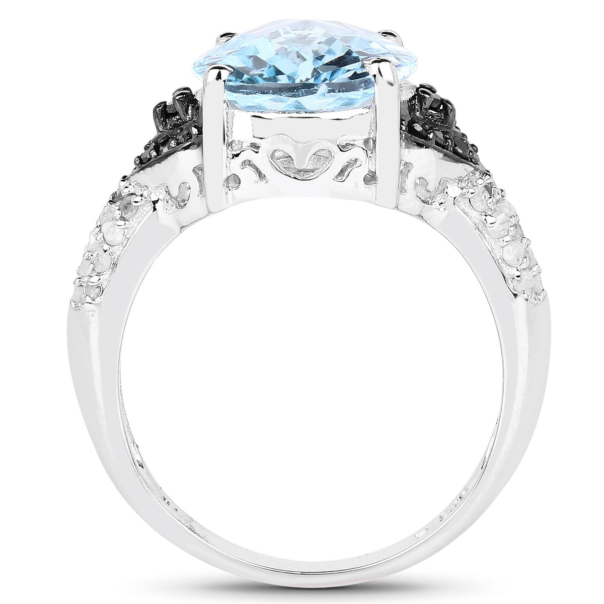 Anillo de Plata Fina .925 con Topacio Azul Suizo Genuino de 5.37 Quilates, Diamante Negro y Topacio Blanco