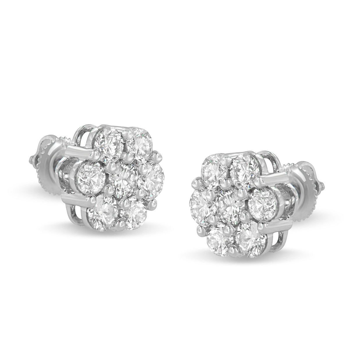 Pendientes de botón con forma de flor y diamantes redondos de 3 ct en total engarzados con puntas, oro blanco de 14 K (color I-J, claridad SI1-SI2)