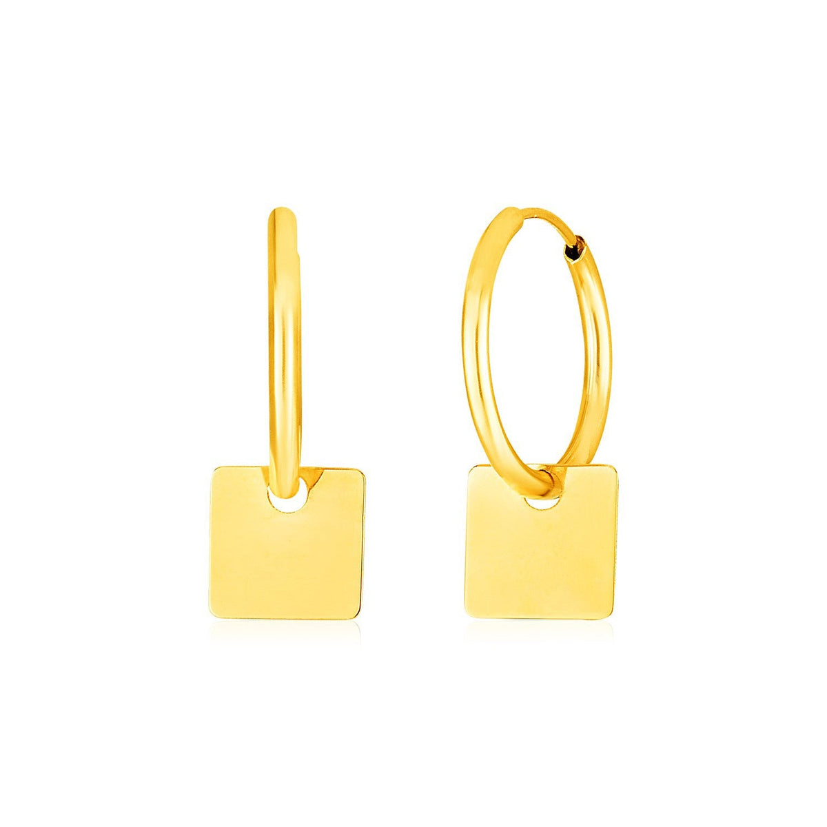 Pendientes de aro tipo Huggie de oro amarillo de 14k con colgantes cuadrados