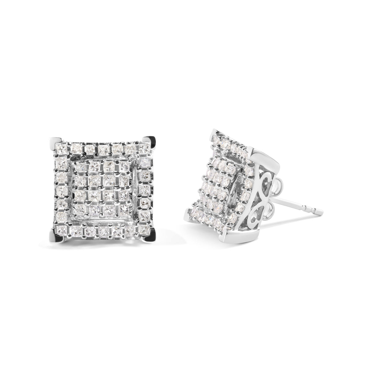 Pendientes de doble cuadrado y halo de diamante princesa compuesto de oro blanco de 10K con un peso total de 1 1/4 quilates (Color I-J, Claridad I1-I2)