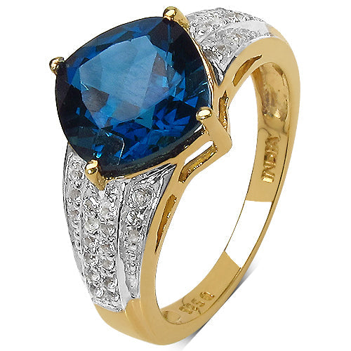 Anillo de plata de ley .925 chapado en oro amarillo de 18 quilates con topacio azul de Londres genuino de 3,83 quilates y topacio blanco