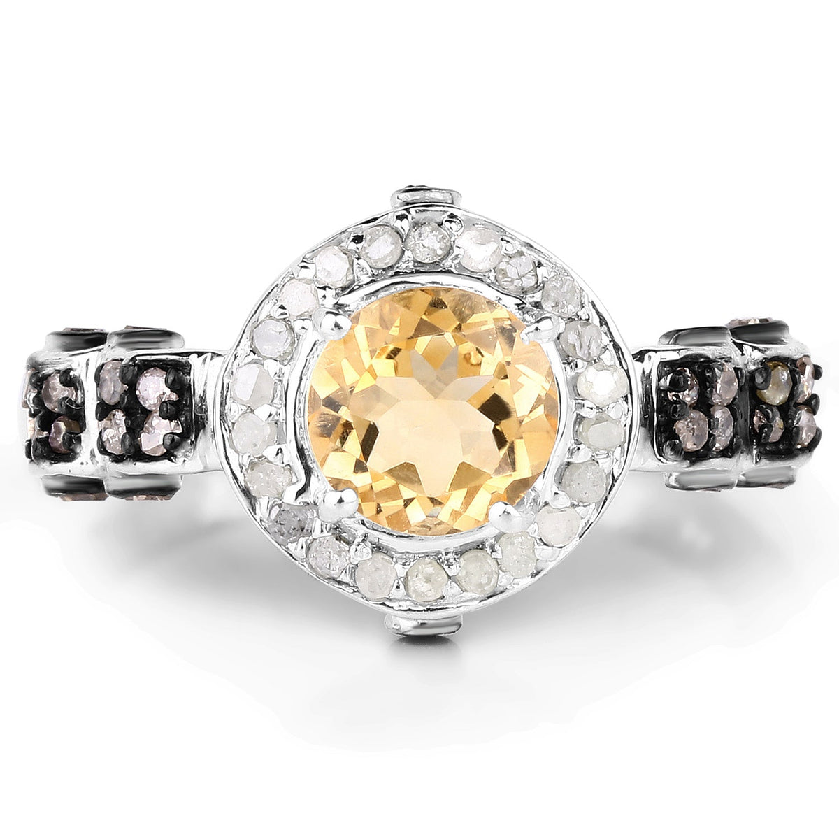 Anillo de plata de ley .925 con citrino genuino de 1.06 quilates, diamante champán y diamante blanco