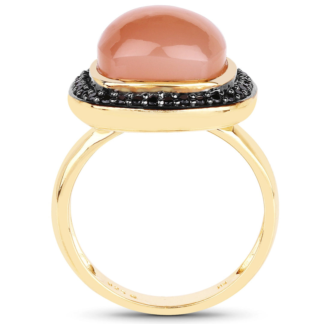 Anillo de plata de ley con piedra lunar melocotón de 7,50 ct. (peso total) y espinela negra, chapado en oro amarillo de 14K