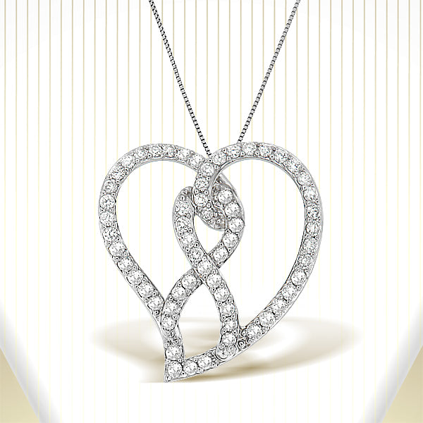 Collar con colgante de oro blanco de 14K con lazo de concientización y corazón abierto de diamantes blancos de 1,0 Cttw y 45 cm (color H-I, claridad I1-I2) - Lazo de diamante blanco
