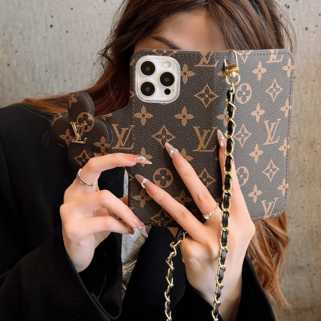 Elegante funda cruzada multifunción para iPhone con estampado LV - con correa de cadena, soporte y ranuras para tarjetas