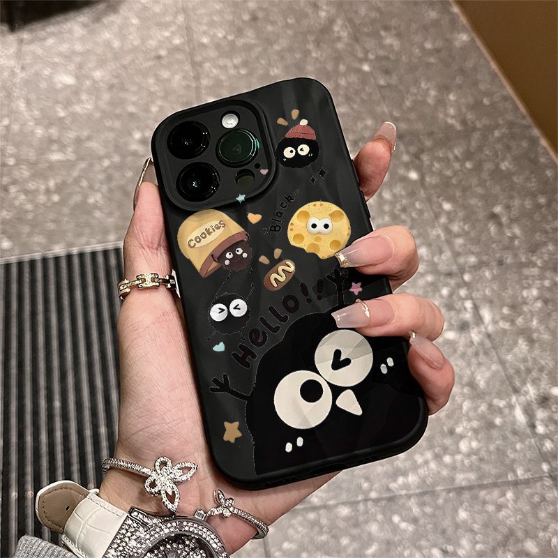 Serie de fundas para teléfono con simpáticos personajes de bolas de carbón negro