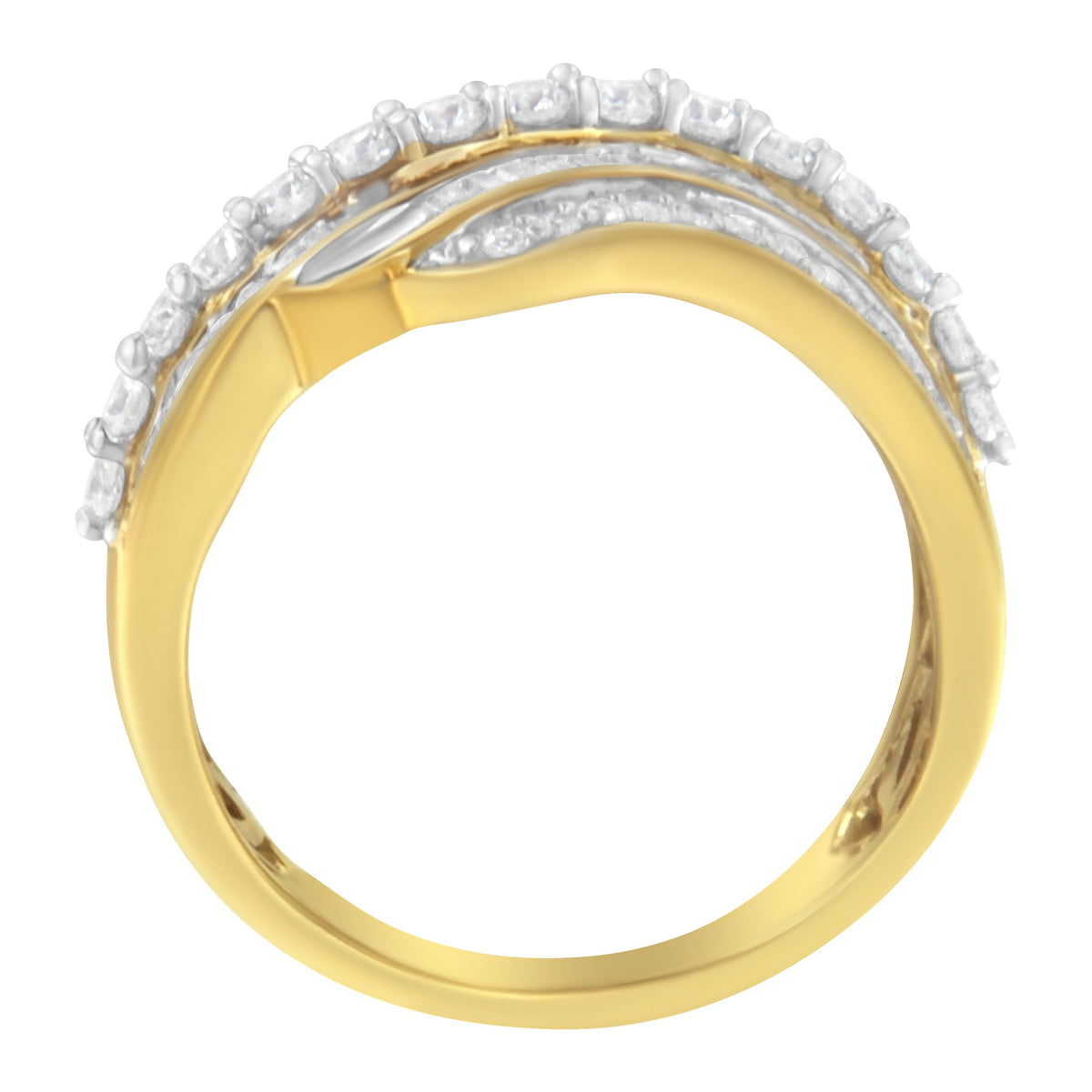 Anillo de oro amarillo de 10K con diamantes baguette y redondos de 1,0 Cttw en forma de onda multi-hilera (Color I-J, Claridad I1-I2) - Talla de anillo 7