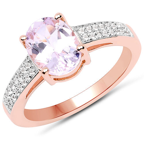 Anillo de plata de ley .925 chapado en oro rosa de 14 quilates, con kunzita genuina de 2,91 quilates y circonita blanca