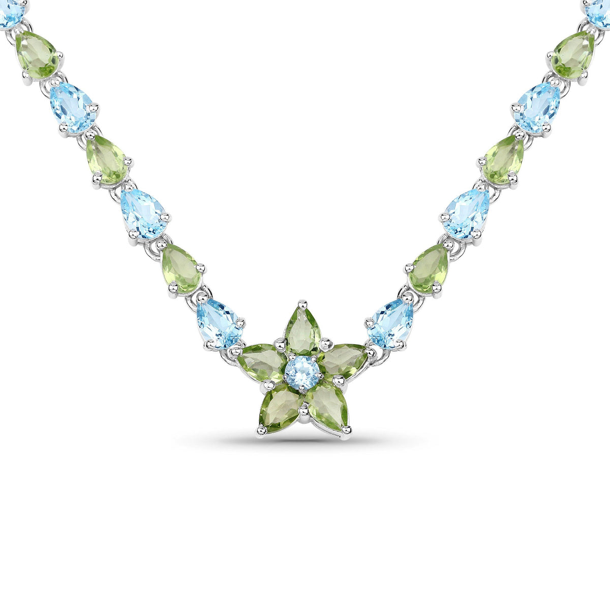 Collar de plata de ley .925 con topacio azul y peridoto auténticos de 29,48 quilates