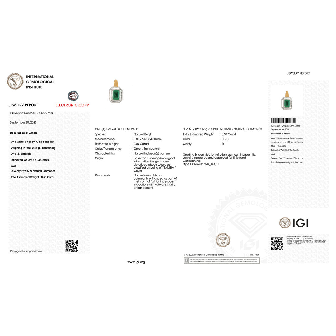 IGI Certified 2.37 Carat Genuine Zambian Emerald and White Diamond 14K Yellow & White Gold Pendant