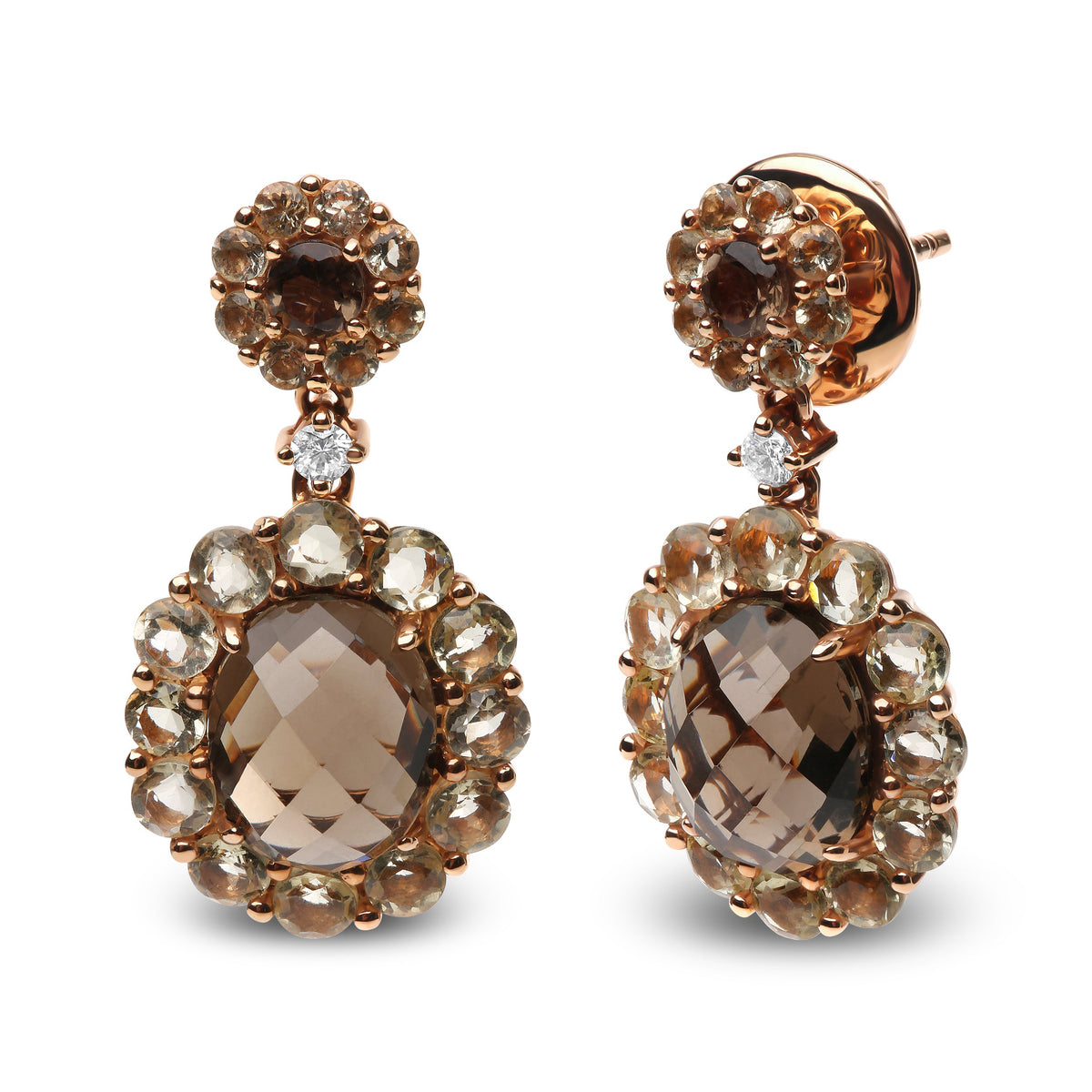 Pendientes colgantes de cuarzo de color limón y ahumado ovalado con acento de diamante de oro rosa de 18 quilates (color G-H, claridad SI1-SI2)