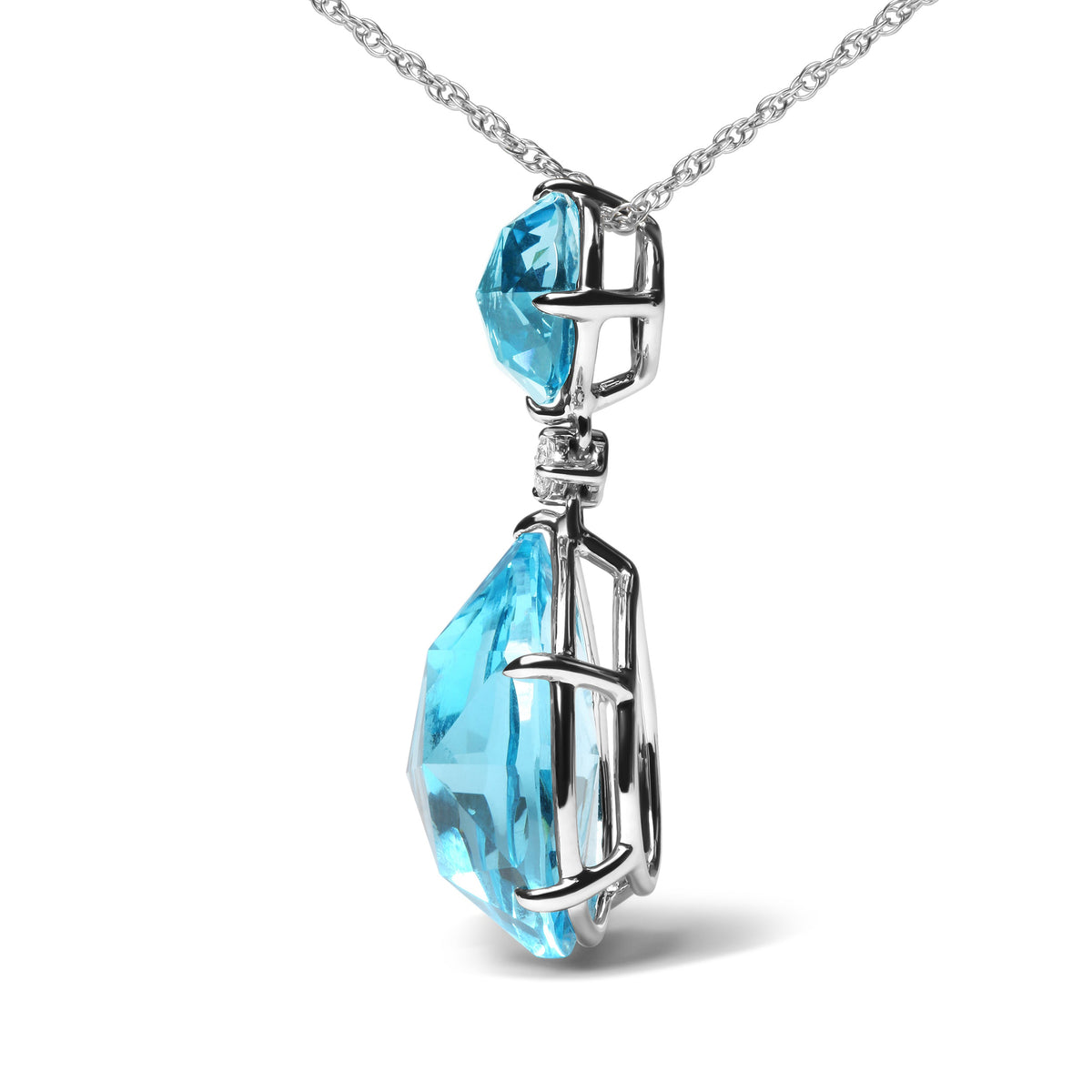 Collar con colgante de 45,7 cm de oro blanco de 18 quilates con acento de diamantes, topacio azul de Londres redondo y topacio azul cielo talla pera (color G-H, claridad SI1-SI2)