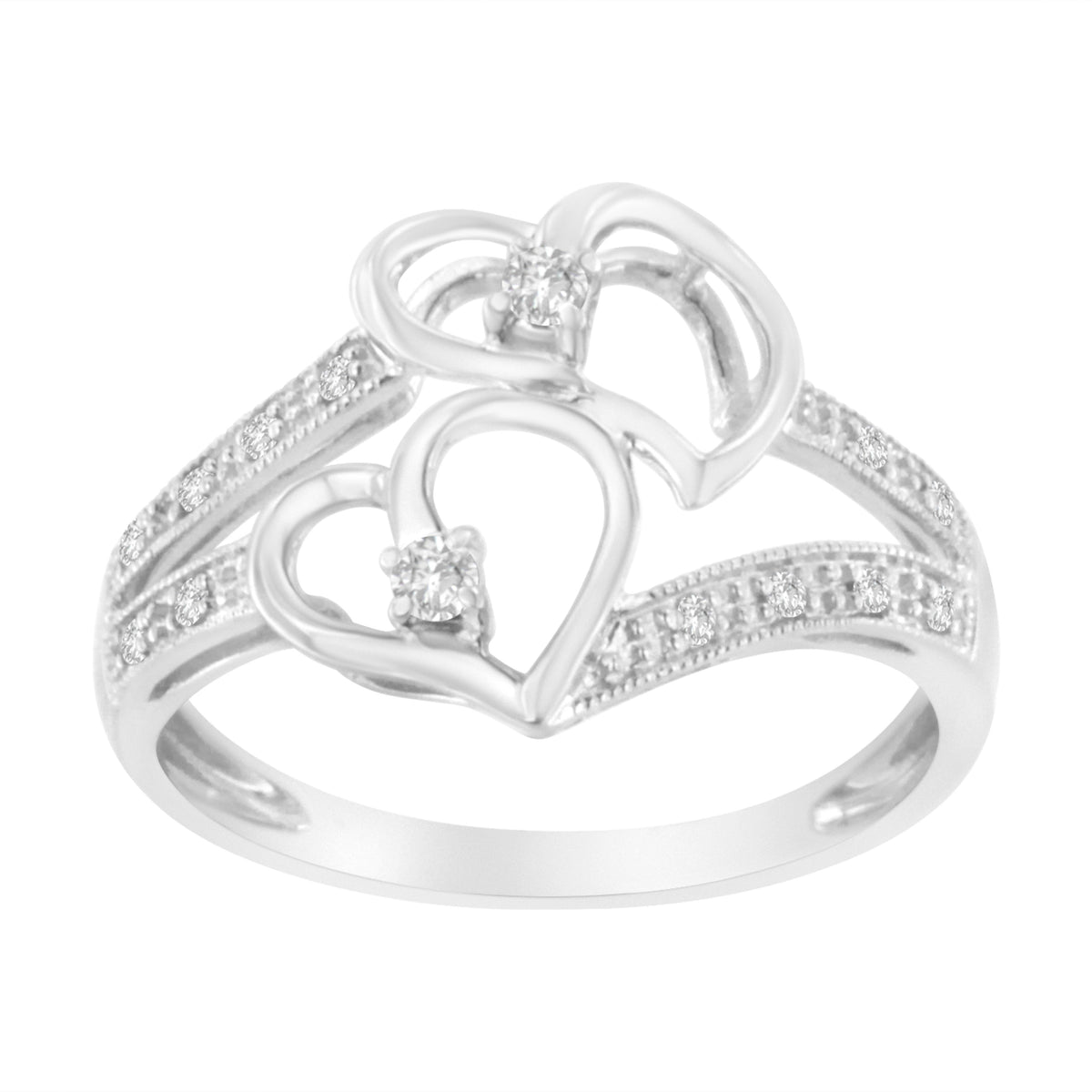 Anillo de oro blanco de 14 quilates con dos corazones y diamantes de 0,10 qt. - Talla 6,5
