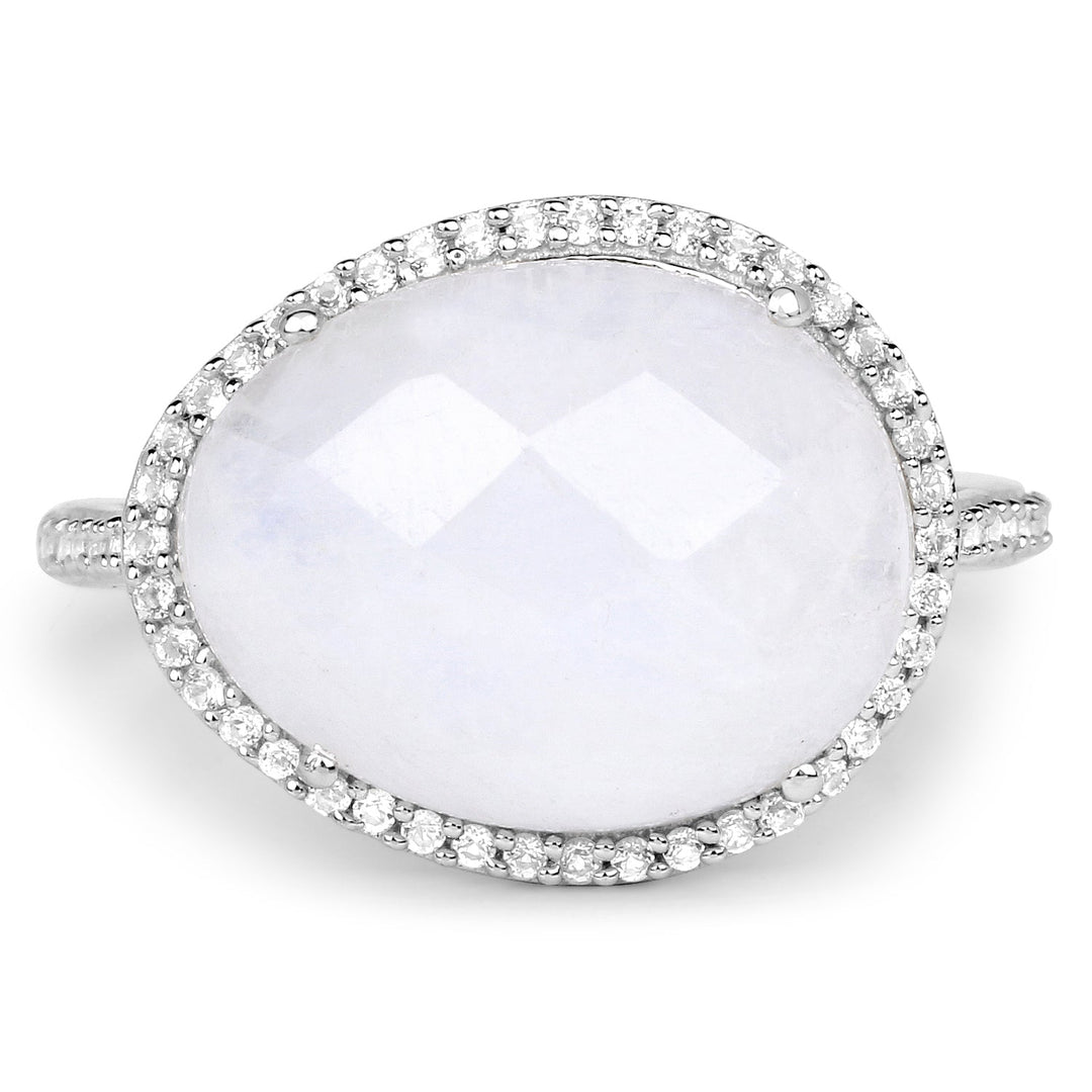 7.33 Carat Genuine White Rainbow Moonstone And White Topaz .925 Sterling Silver Ring