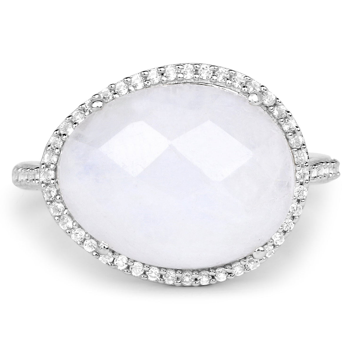 Anillo de plata de ley .925 con piedra lunar arcoíris blanca auténtica de 7,33 quilates y topacio blanco