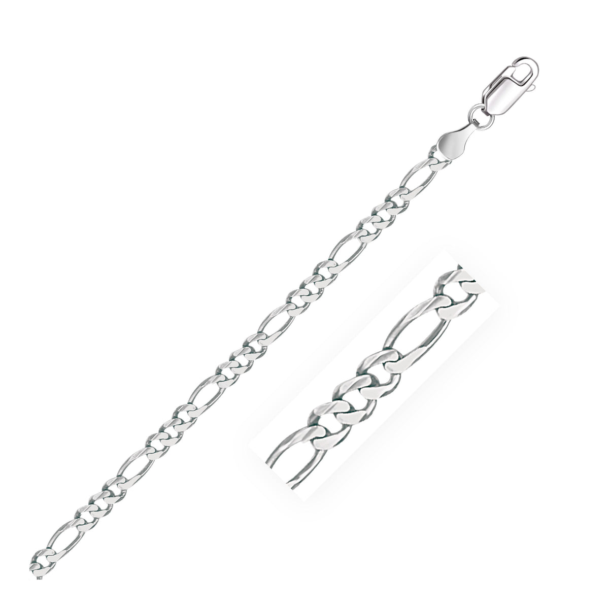 Pulsera Figaro de oro blanco macizo de 14k y 3.8mm