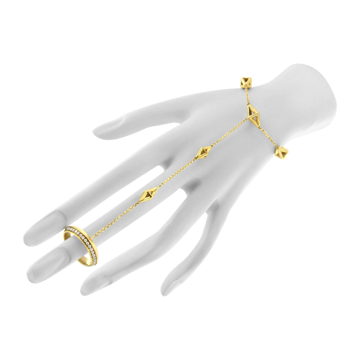 Cadena de mano de oro amarillo de 14 quilates con anillo y pulsera de diamantes de 1/4 Cttw (color G-H, claridad SI1-SI2) - 7"