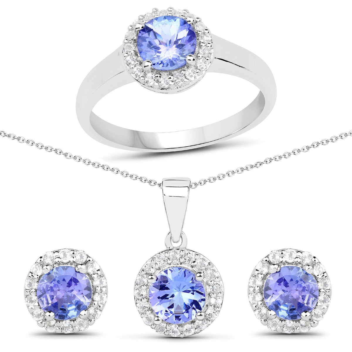 Conjunto de Joyas de 3 Piezas de Plata Esterlina .925 con Tanzanita Genuina de 3.77 Quilates y Topacio Blanco (Anillo, Aretes y Dije con Cadena)