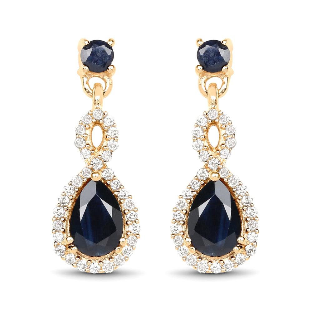 Pendientes de oro amarillo de 14 quilates con zafiro azul auténtico de 1,19 quilates y diamantes blancos