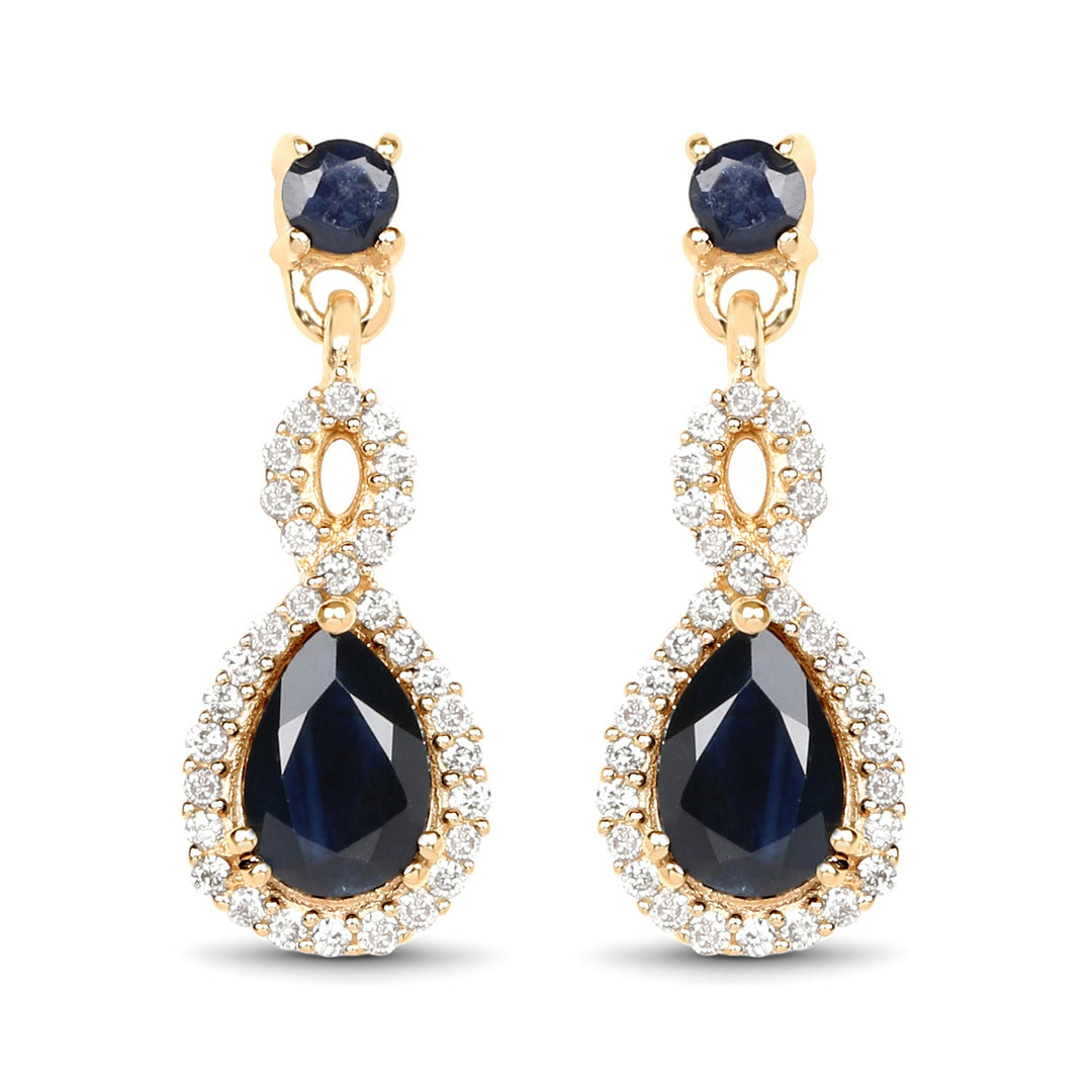 Pendientes de oro amarillo de 14 quilates con zafiro azul auténtico de 1,19 quilates y diamantes blancos