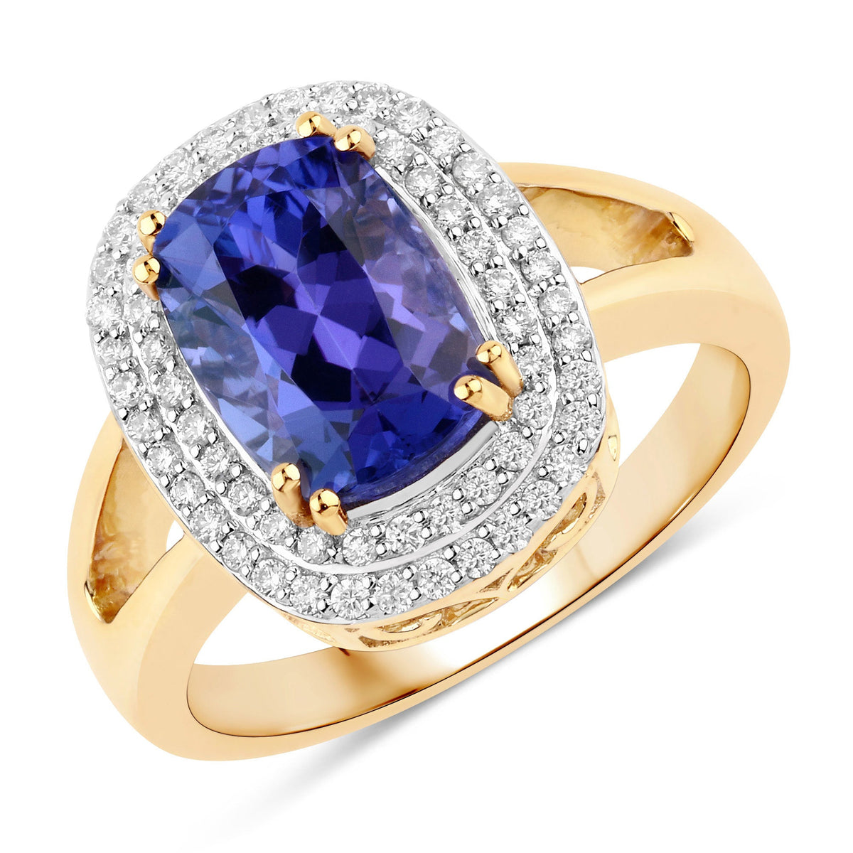 Anillo de oro amarillo de 14 quilates con tanzanita genuina de 3,33 quilates y diamantes blancos
