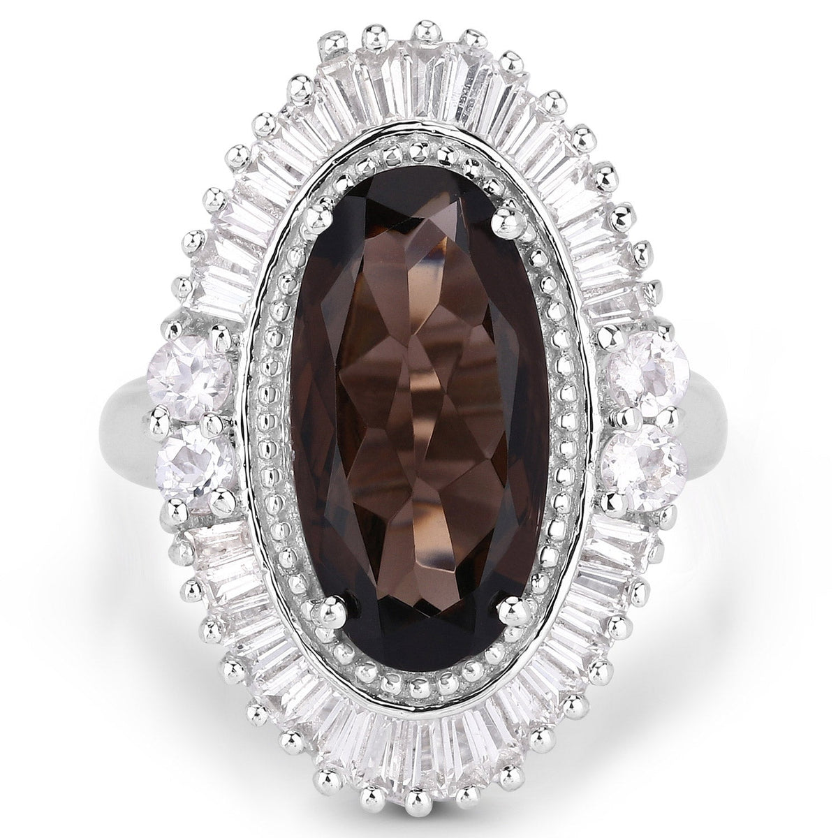 Anillo de plata de ley .925 con cuarzo ahumado genuino y topacio blanco de 8.12 quilates