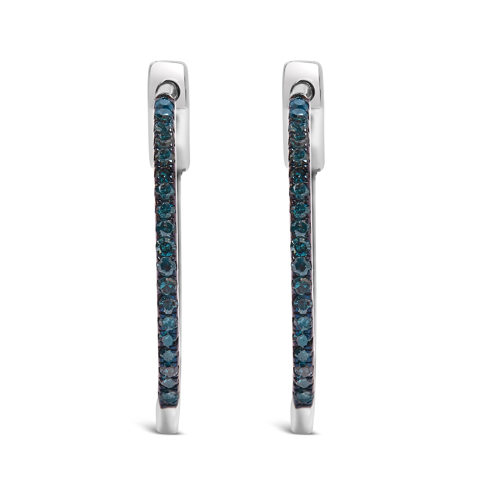 Pendientes de aro de plata de ley .925 con diamantes azules tratados de 1/3 quilates totales, de 1 mm de ancho, interior-exterior (color azul, claridad I2-I3)