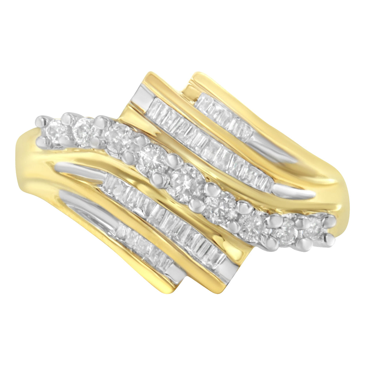 Anillo de oro amarillo de 10K con diamantes redondos y de talla baguette (1/2 qt, color I-J, claridad I1-I2) - Talla 7