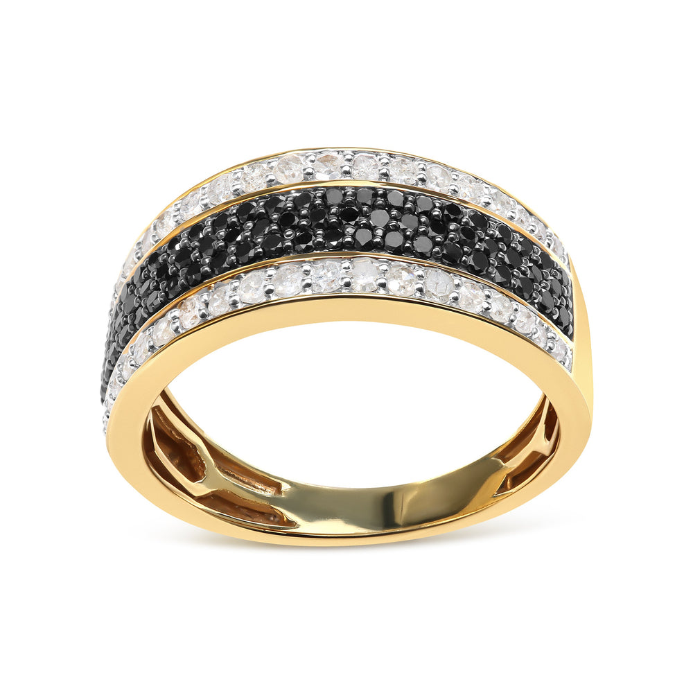 Anillo de oro amarillo de 14 quilates chapado en plata de ley .925, con diamantes blancos y negros tratados de 1 1/4 quilates en varias filas (color negro/I-J, claridad I2-I3) - Talla 10