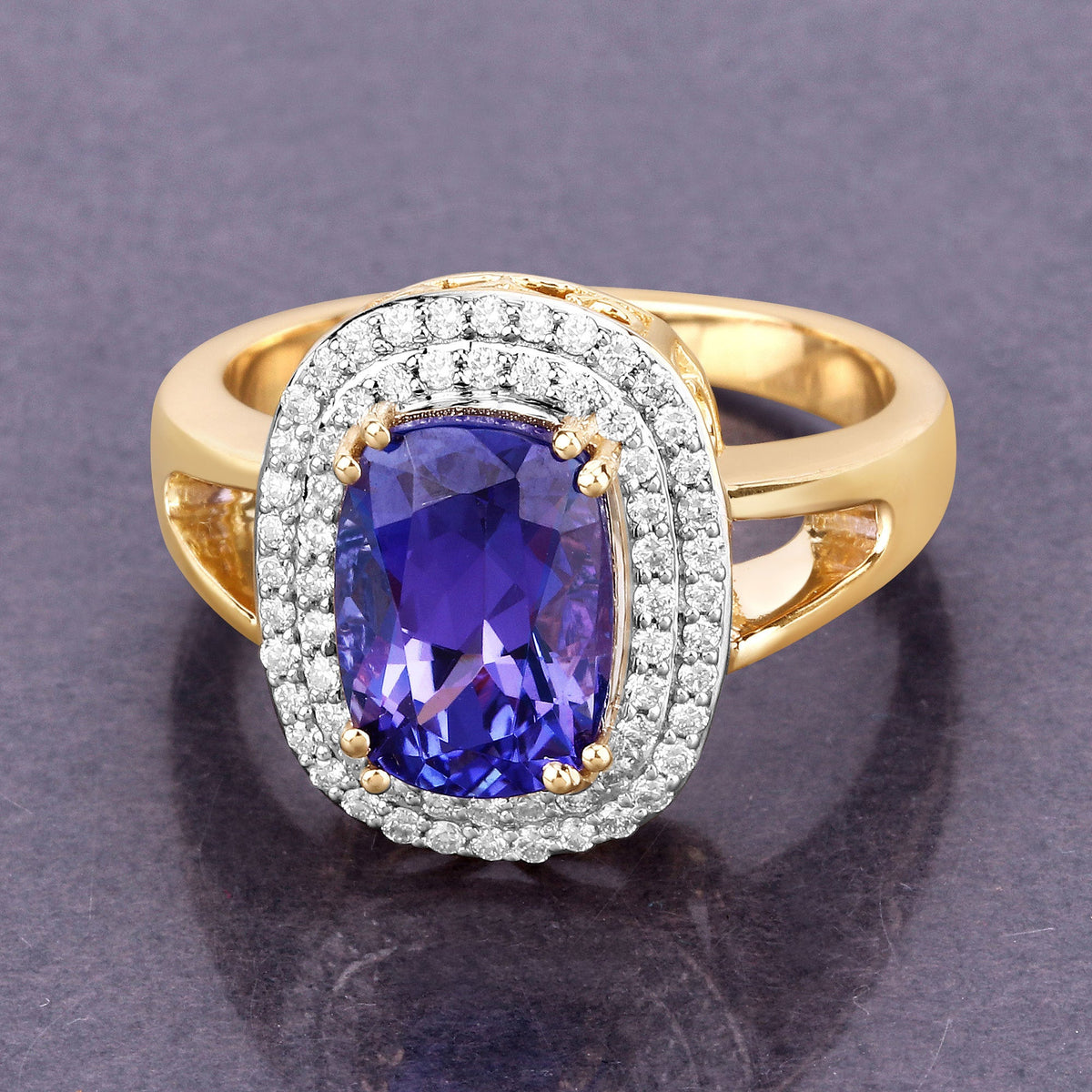 Anillo de oro amarillo de 14 quilates con tanzanita genuina de 3,33 quilates y diamantes blancos