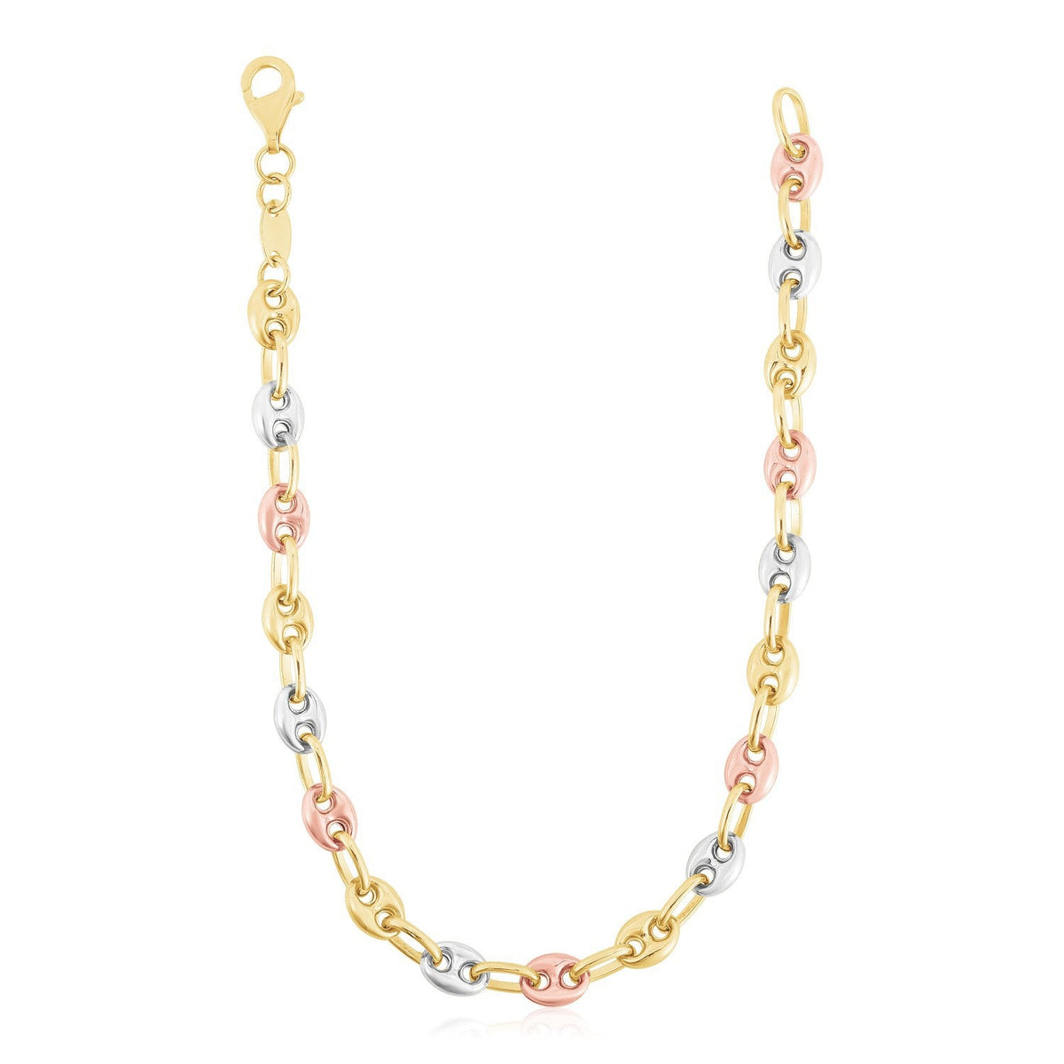Cadena de eslabones marineros inflados de oro tricolor de 14k de alto pulido