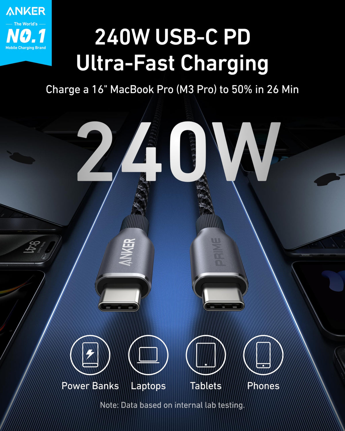 Кабель Anker Prime USB-C — USB-C (240 Вт, оплетка из переработанных материалов)