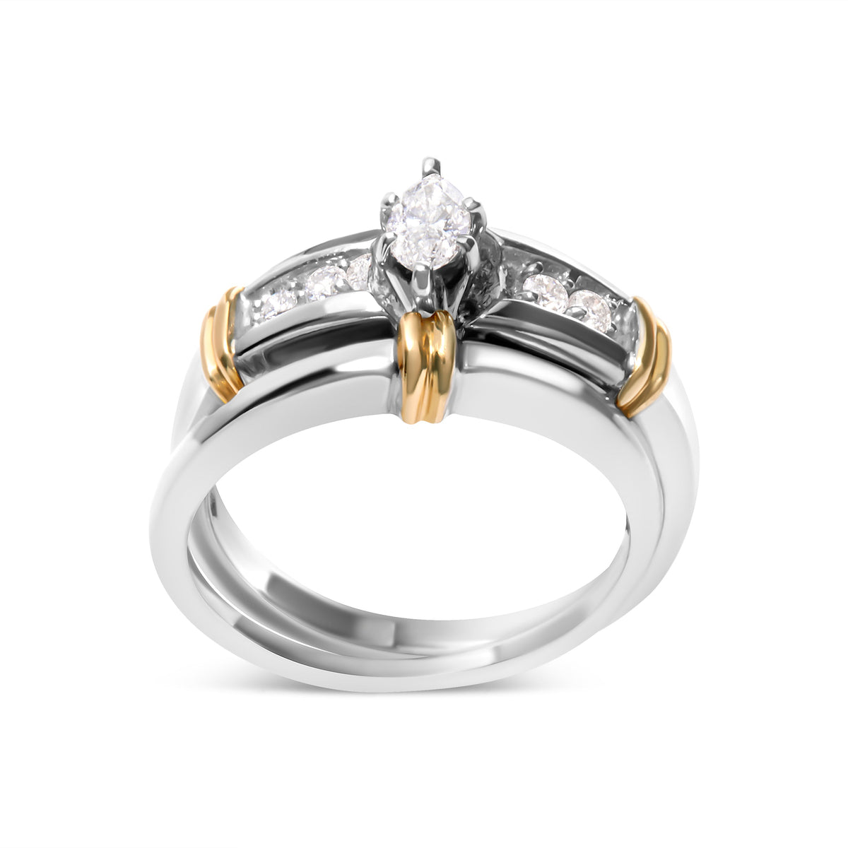 Anillo de compromiso y cóctel con diamantes marquesa de 1/3 Cttw de oro amarillo y blanco de 14K (color H-I, claridad SI1-SI2) - Talla 7