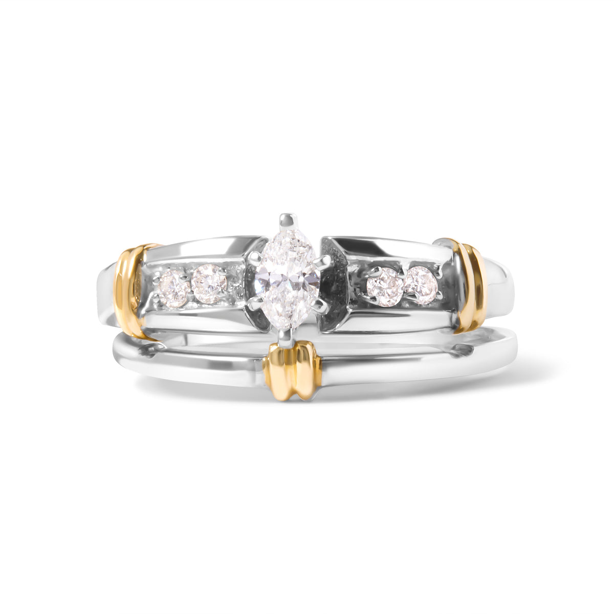 Anillo de compromiso y cóctel con diamantes marquesa de 1/3 Cttw de oro amarillo y blanco de 14K (color H-I, claridad SI1-SI2) - Talla 7