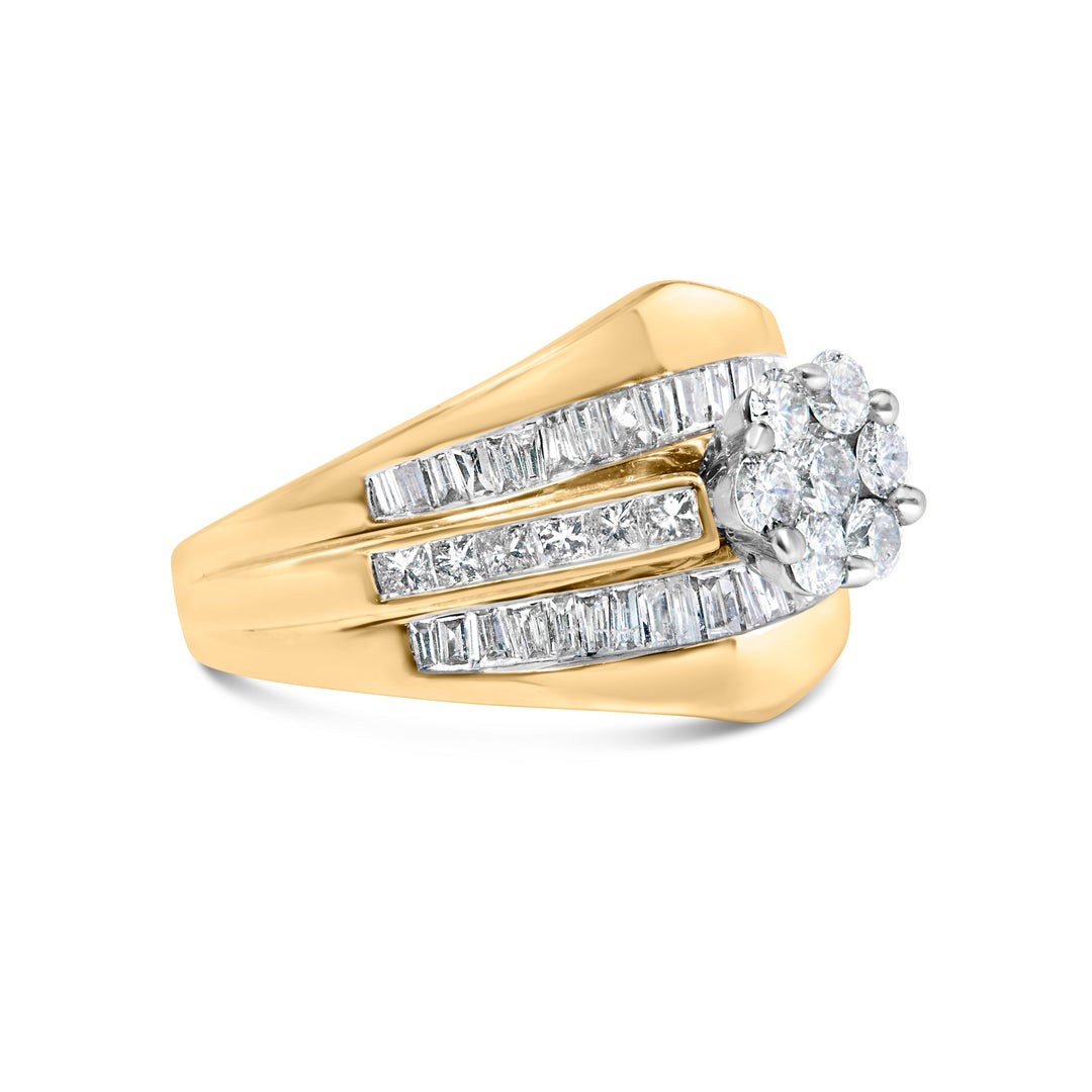 Anillo de compromiso y alianza de boda de oro amarillo de 14 quilates con diamantes de 2-1/3 quilates en engaste de racimo en forma de espiga (Color H-I, Claridad SI1-SI2) - Talla 5