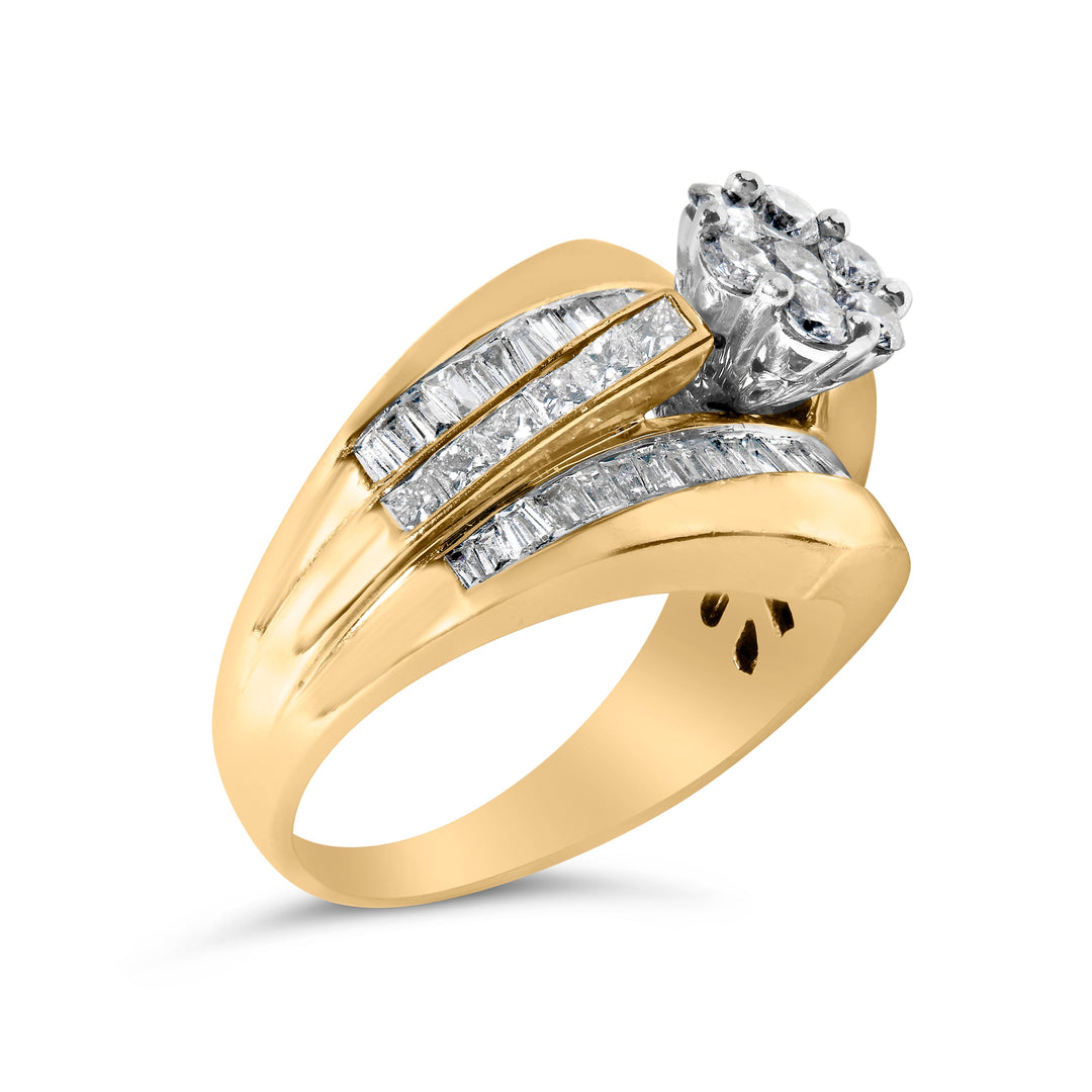 Anillo de compromiso y alianza de boda de oro amarillo de 14 quilates con diamantes de 2-1/3 quilates en engaste de racimo en forma de espiga (Color H-I, Claridad SI1-SI2) - Talla 5
