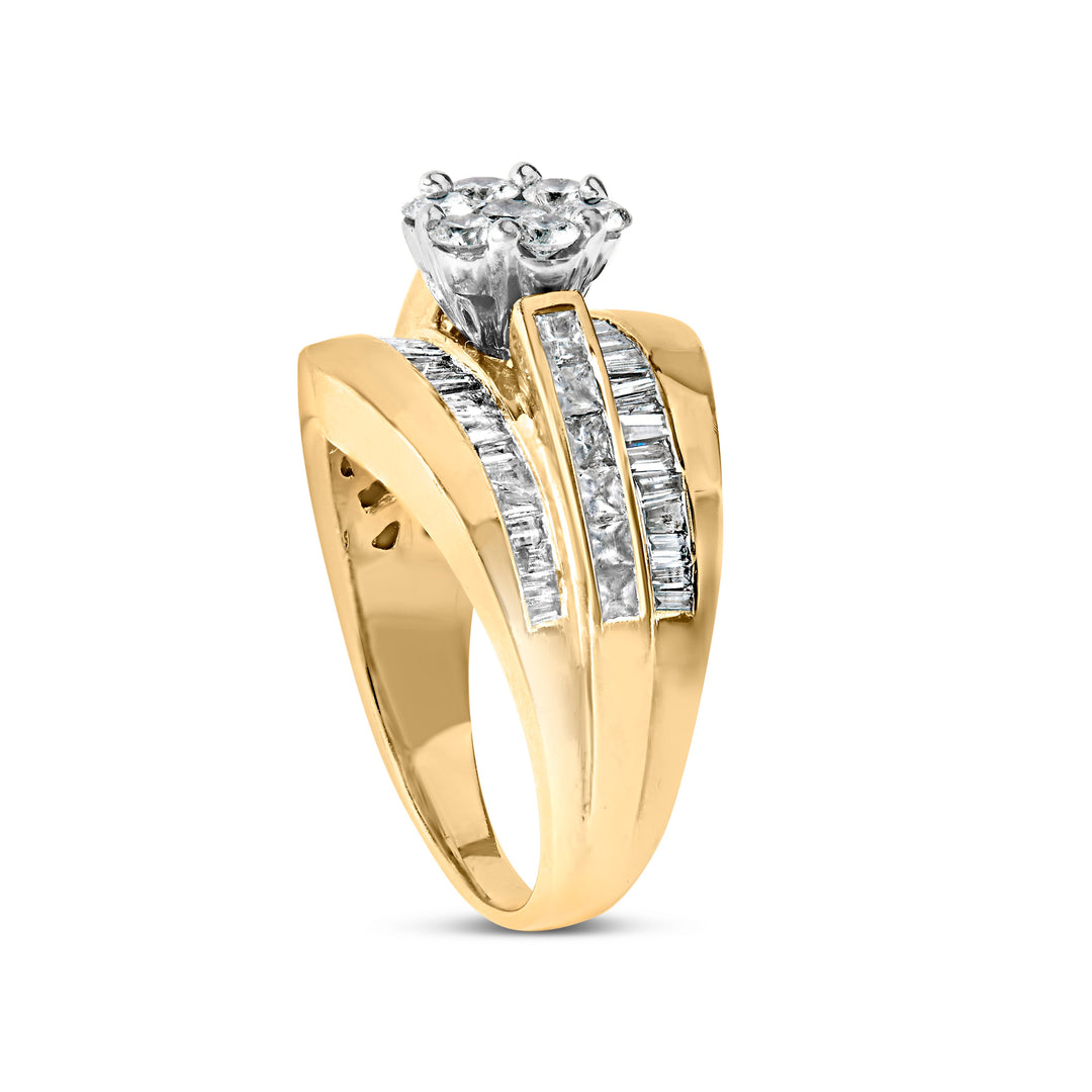 Anillo de compromiso y alianza de boda de oro amarillo de 14 quilates con diamantes de 2-1/3 quilates en engaste de racimo en forma de espiga (Color H-I, Claridad SI1-SI2) - Talla 5