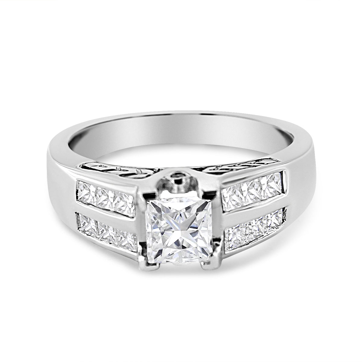 Anillo de compromiso de oro blanco de 14K con diamantes de talla princesa de 1 1/4 Cttw engastados en carril (color H-I, claridad SI1-SI2) - Talla 7