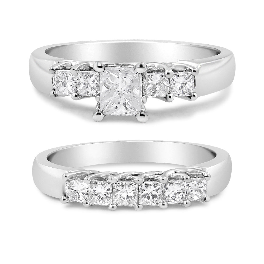 Juego de anillos de compromiso y boda de oro blanco de 14 quilates con 5 diamantes princesa de 1,5 quilates en total (color H-I, claridad SI2-I1) - Talla 7