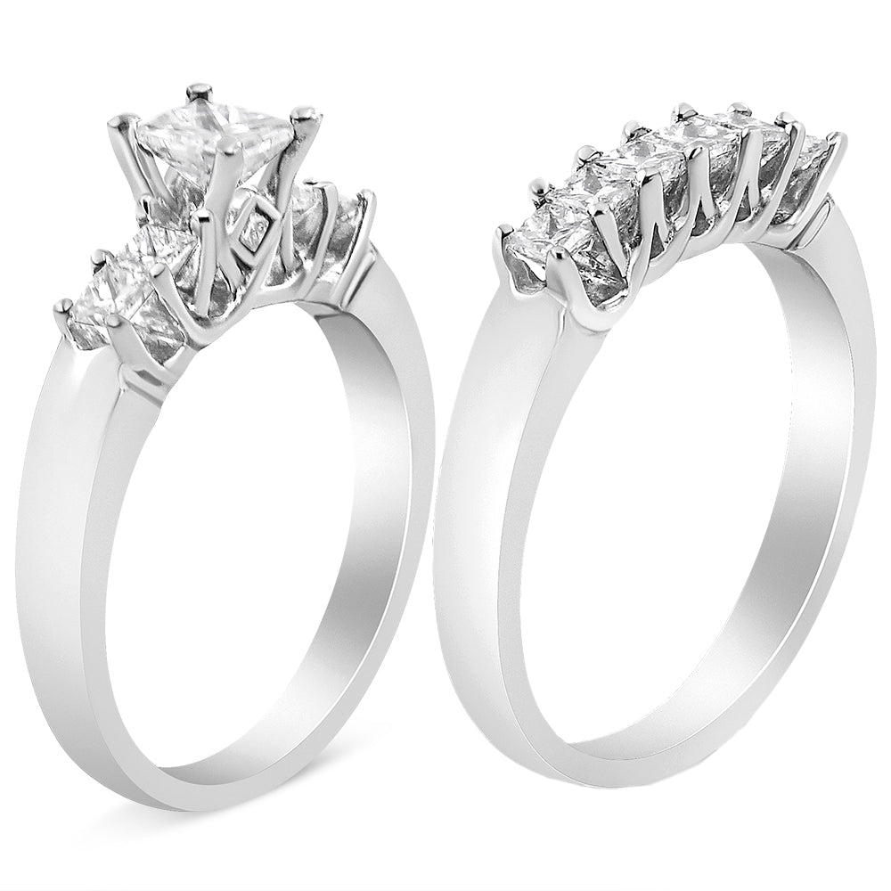 Juego de anillos de compromiso y boda de oro blanco de 14 quilates con 5 diamantes princesa de 1,5 quilates en total (color H-I, claridad SI2-I1) - Talla 7