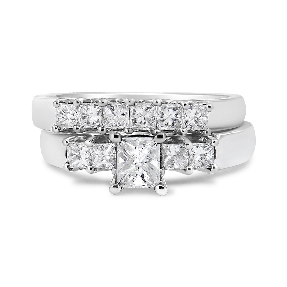 Juego de anillos de compromiso y boda de oro blanco de 14 quilates con 5 diamantes princesa de 1,5 quilates en total (color H-I, claridad SI2-I1) - Talla 7