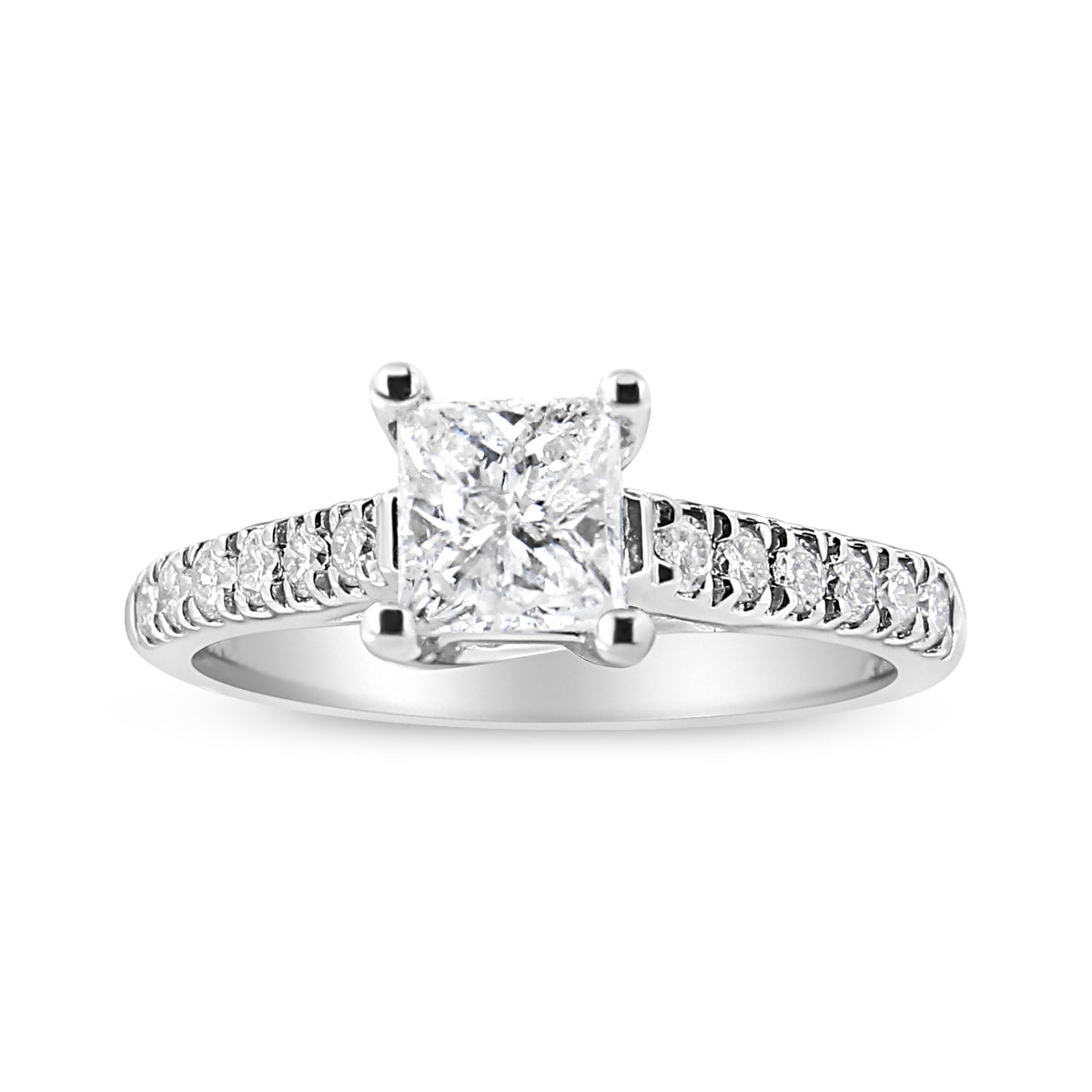 Anillo de compromiso clásico con diamante princesa engastado en 4 puntas de oro blanco de 14 quilates, 1 1/5 quilates (color I1-I2, claridad H-I), talla 7