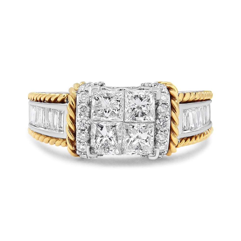 Anillo de compromiso de oro blanco y amarillo de 14 quilates con diamantes de talla princesa de 1,5 quilates en engaste invisible estilo cuádruple (color H-I, claridad SI2-I1) - Talla 7