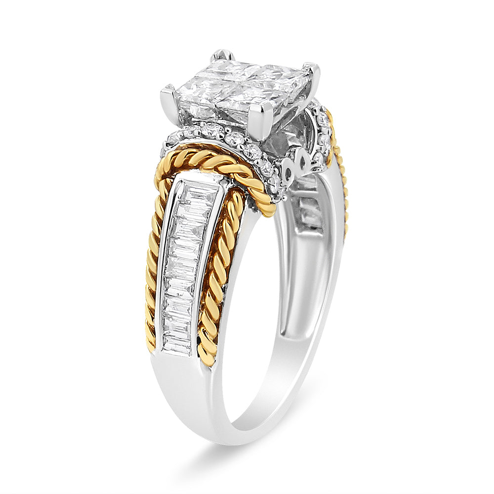 Anillo de compromiso de oro blanco y amarillo de 14 quilates con diamantes de talla princesa de 1,5 quilates en engaste invisible estilo cuádruple (color H-I, claridad SI2-I1) - Talla 7
