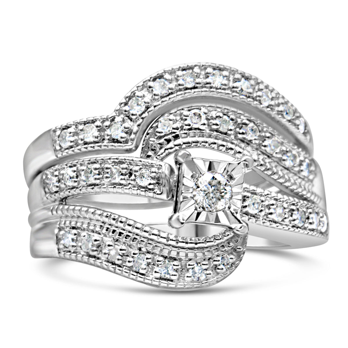 Conjunto de anillo de compromiso y boda de plata de ley .925 con diseño entrecruzado de diamante redondo de 1/3 Cttw (color H-I, claridad I1-I2) - Talla 7
