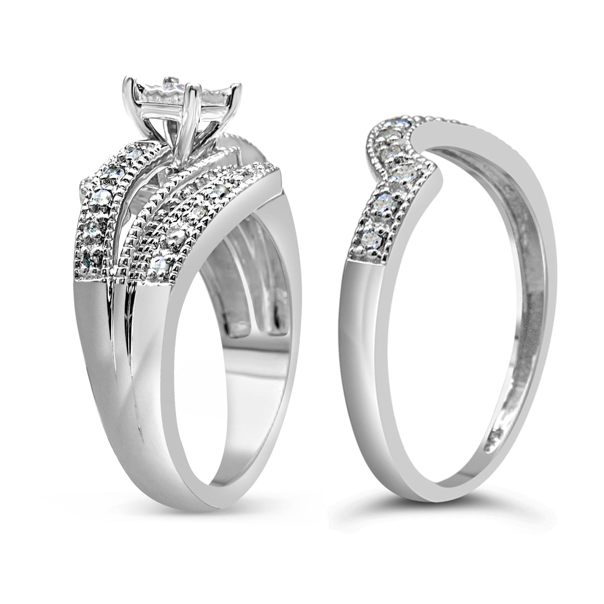 Conjunto de anillo de compromiso y boda de plata de ley .925 con diseño entrecruzado de diamante redondo de 1/3 Cttw (color H-I, claridad I1-I2) - Talla 7