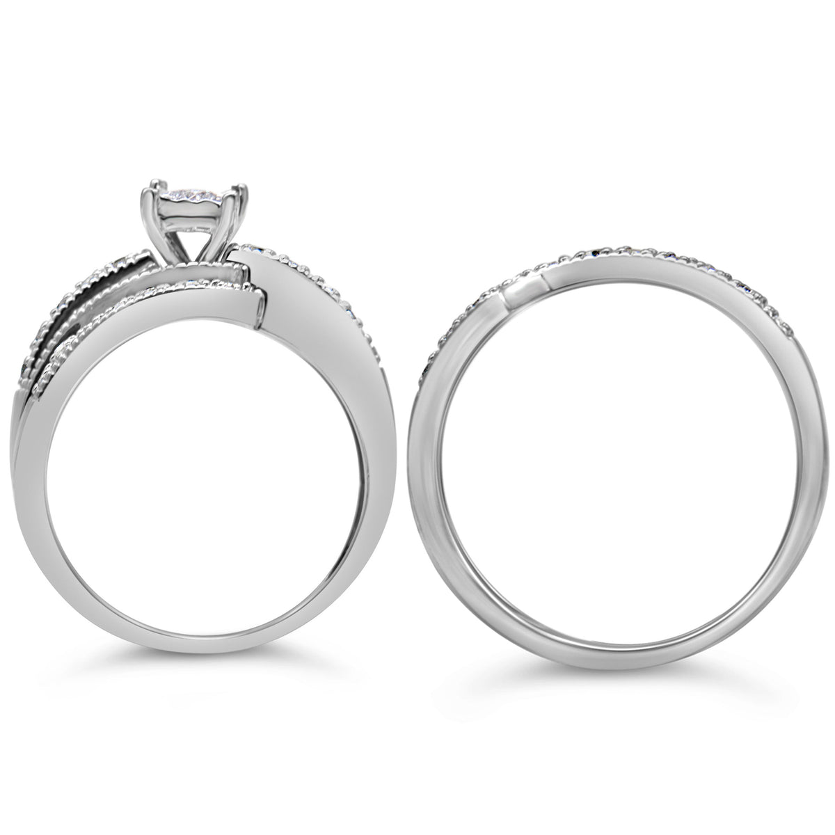 Conjunto de anillo de compromiso y boda de plata de ley .925 con diseño entrecruzado de diamante redondo de 1/3 Cttw (color H-I, claridad I1-I2) - Talla 7